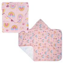 Toalha De Banho Infantil Estampada Com Capuz Forro De Fralda 68X68 Baby Incomfral Bublim Cor:Arco Íris Rosa