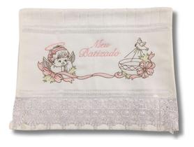 Toalha de lavabo Bordada em Rosa Meu Batizado - DaniBordados