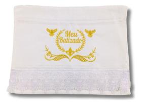 Toalha de lavabo Branca Bordada em Dourado Meu Batizado - DaniBordados