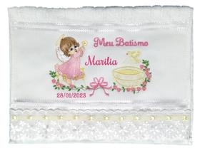 Toalha de Mão,Lavabo para Batizado, Bordado Anjo e Pomba com Tira Bordada. Cor Branco. - Dohler