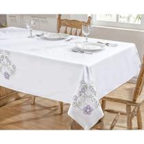 Toalha de Mesa Bordada 2,50m x 1,40m Dália Branco e Lilás