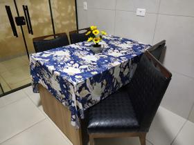 Toalha de Mesa de Cozinha Copa Sala de Jantar 10 Lugares 3,00m x 1,40m Malha Gel Estampa 6 Floral Bege e Azul Marinho