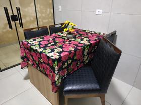 Toalha de Mesa de Cozinha Copa Sala de Jantar 10 Lugares 3,00m x 1,40m Malha Gel Estampa 8 Floral Preto e Rosa