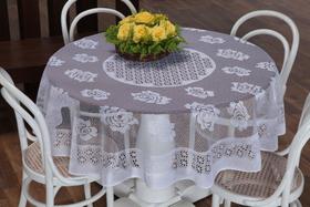 Toalha de mesa de renda redonda branca desenho de rosas