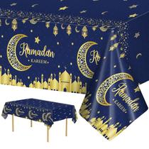 Toalha de mesa Litmitfu Ramadan azul/dourada 137x274cm, pacote com 3