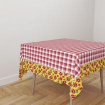 Toalha De Mesa Quadrada 4 Lugares Tecido Oxford Festa Junina Arraiá Xadrez e Chita Amarelo Flores TL325 140x140cm