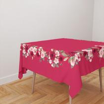 Toalha De Mesa Quadrada 4 Lugares Tecido Oxford Flores e Rosas Vermelhas - 140x140cm