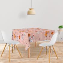 Toalha De Mesa Quadrada 4 Lugares Tecido Oxford Flores Laranjas Listras - 140x140cm Toalha De Mesa Quadrada 4 Lugares Tecido Oxford Flores Laranjas Listras - 140x140cm