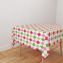 Toalha De Mesa Quadrada 4 Lugares Tecido Oxford Losangos Verdes e Rosas TL262 - 140x140cm