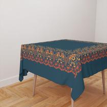 Toalha De Mesa Quadrada 4 Lugares Tecido Oxford Moldura Arabesco Azul e Laranja TL309 - 140x140cm Toalha De Mesa Quadrada 4 Lugares Tecido Oxford Moldura Arabesco Azul e Laranja TL309 - 140x140cm