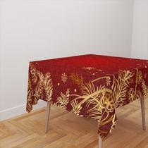 Toalha De Mesa Quadrada 4 Lugares Tecido Oxford Vermelho Natalino Folhas Douradas Flocos de Neve - 140x140cm