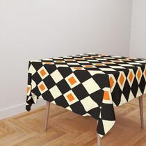Toalha De Mesa Quadrada 4 Lugares Tecido Oxford Xadrez Losango Preto, Laranja e Bege TL280 - 140x140cm