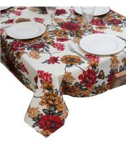 Toalha de Mesa Quadrada 8 Lugares em Tecido Linhão Estampado 2,20m x 2,20m Flores Vermelhas Sala/Jantar