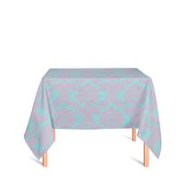 Toalha de Mesa Quadrada em Tecido Jacquard Azul Tiffany e Rosa Medalhão Tradicional