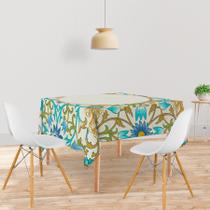 Toalha De Mesa Quadrada Tecido Oxford Floral Azul Moldura Circular - 140x140cm Toalha De Mesa Quadrada Tecido Oxford Floral Azul Moldura Circular - 140x140cm