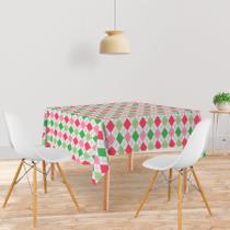 Toalha De Mesa Quadrada Tecido Oxford Losangos Verdes e Rosas -140x140cm Toalha De Mesa Quadrada Tecido Oxford Losangos Verdes e Rosas -140x140cm