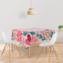 Toalha De Mesa Quadrada Tecido Oxford Namorados Moldura Elementos Rosa - 140x140cm