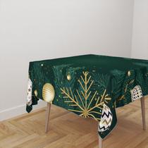 Toalha De Mesa Quadrada Tecido Oxford Natal verde e dourado Flocos- 140x140cm