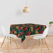 Toalha De Mesa Quadrada Tecido Oxford Onças e Rosas Vermelhas -140x140cm