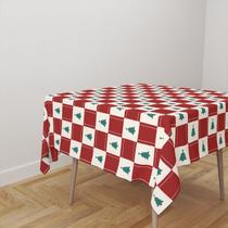 Toalha De Mesa Quadrada Tecido Oxford Quadriculado Arvore Natal Vermelho e Bege - 140x140cm