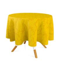 Toalha de Mesa Redonda em Tecido Jacquard 100% Poliéster Medalhão Amarelo Ouro