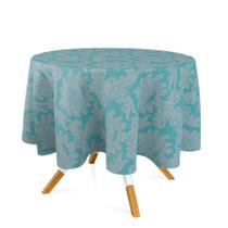 Toalha de Mesa Redonda em Tecido Jacquard Azul Bebê e Bege Medalhão Tradicional Toalha de Mesa Redonda em Tecido Jacquard Azul Bebê e Bege Medalhão Tradicional