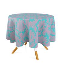 Toalha de Mesa Redonda em Tecido Jacquard Azul Tiffany e Rosa Medalhão Tradicional