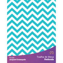 Toalha de Mesa Redonda em Tecido Jacquard Estampado Chevron Azul Turquesa