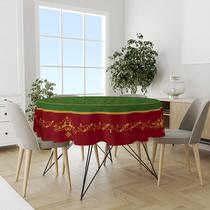 Toalha De Mesa Redonda Tecido Oxford Natal Vermelho Verde e Dourado Flocos de Neve-140x140cm