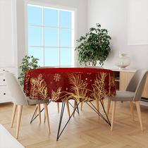 Toalha De Mesa Redonda Tecido Oxford Vermelho Natalino Folhas Douradas Flocos de Neve -140x140cm Toalha De Mesa Redonda Tecido Oxford Vermelho Natalino Folhas Douradas Flocos de Neve -140x140cm