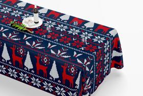 Toalha De Mesa Retangular 10 Lugares Tecido Oxford Renas Textura Bordado Vermelho e Azul TLD02 - 320x140cm