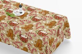 Toalha De Mesa Retangular 12 Lugares Tecido Oxford TLZ27 - Natal Biscoitos, Bengalas e Chocolate Quente - 300x110cm