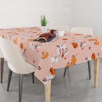 Toalha De Mesa Retangular 6 Lugares Tecido Oxford Flores Laranjas Listras TLS13 - 220x140cm Toalha De Mesa Retangular 6 Lugares Tecido Oxford Flores Laranjas Listras TLS13 - 220x140cm