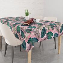 Toalha De Mesa Retangular 6 Lugares Tecido Oxford Folhagens Diversas Verde e Rosa TLS11- 220x140cm