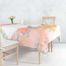Toalha De Mesa Retangular 6 Lugares Tecido Oxford Moldura Losango Floral Aquarela - 220x140cm