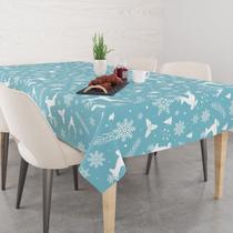 Toalha De Mesa Retangular 6 Lugares Tecido Oxford Renas Flocos de Neve Azul TLS02 - 220x140cm