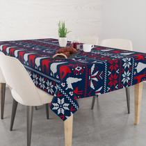 Toalha De Mesa Retangular 6 Lugares Tecido Oxford Renas Textura Bordado Vermelho e Azul TLS03 - 220x140cm