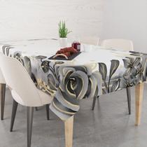 Toalha De Mesa Retangular 6 Lugares Tecido Oxford Rosas Pretas e Douradas Aquarela TLS18 - 220x140cm