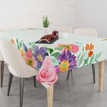 Toalha De Mesa Retangular 6 Lugares Tecido Oxford Verde Claro Flores Coloridas Aquarela TLS16 - 220x140cm Toalha De Mesa Retangular 6 Lugares Tecido Oxford Verde Claro Flores Coloridas Aquarela TLS16 - 220x140cm