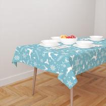 Toalha De Mesa Retangular 8 Lugares Tecido Oxford Renas Flocos de Neve Azul TLO01 - 270x140cm