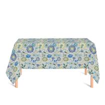 Toalha de Mesa Retangular em Tecido Jacquard Estampado Floral Verde e Azul Fundo Branco