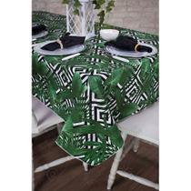 Toalha de Mesa Retangular em Tecido Jacquard Estampado Tropical Folhagem Verde Geométrico