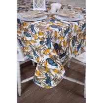 Toalha de Mesa Retangular em Tecido Jacquard Estampado Tucano Fundo Branco