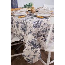 Toalha de Mesa Retangular em Tecido Linho Estampado Toile de Jouy Azul