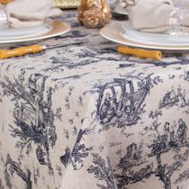 Toalha de Mesa Retangular em Tecido Linho Estampado Toile de Jouy Azul Toalha de Mesa Retangular em Tecido Linho Estampado Toile de Jouy Azul