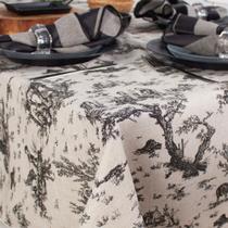 Toalha de Mesa Retangular em Tecido Linho Estampado Toile de Jouy Preto
