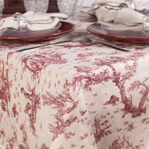 Toalha de Mesa Retangular em Tecido Linho Estampado Toile de Jouy Vermelho