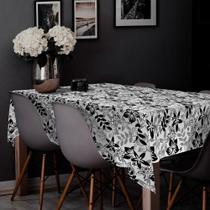 toalha de mesa termica retangular impermeavel floral preto e branco 3,00 x 1,40 8 cadeiras