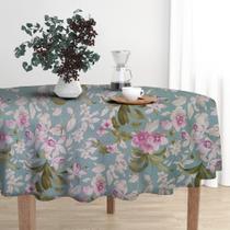 Toalha de Mesa Wendy Redonda Ø140cm Marrom Azul Flores Branca