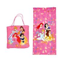 Toalha de Praia 2 em 1 Princesas Disney Cinderela Bela Ariel Branca de Neve Mochila Sacola Piscina Natação Zona Criativa